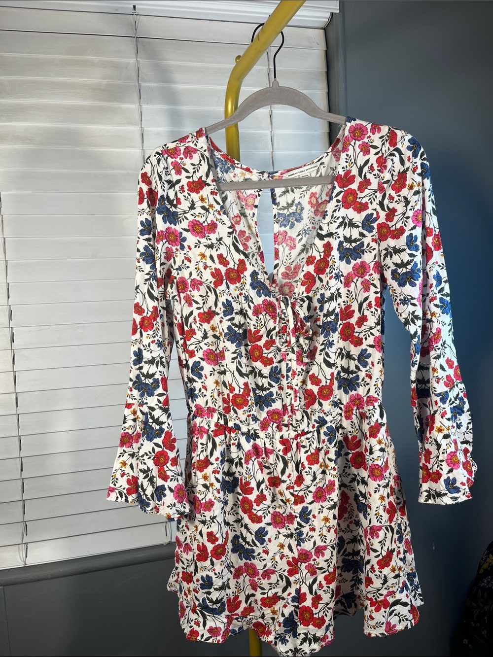 Floral V-Neck Long Sleeve Romper- White with Red & Blue Flowers